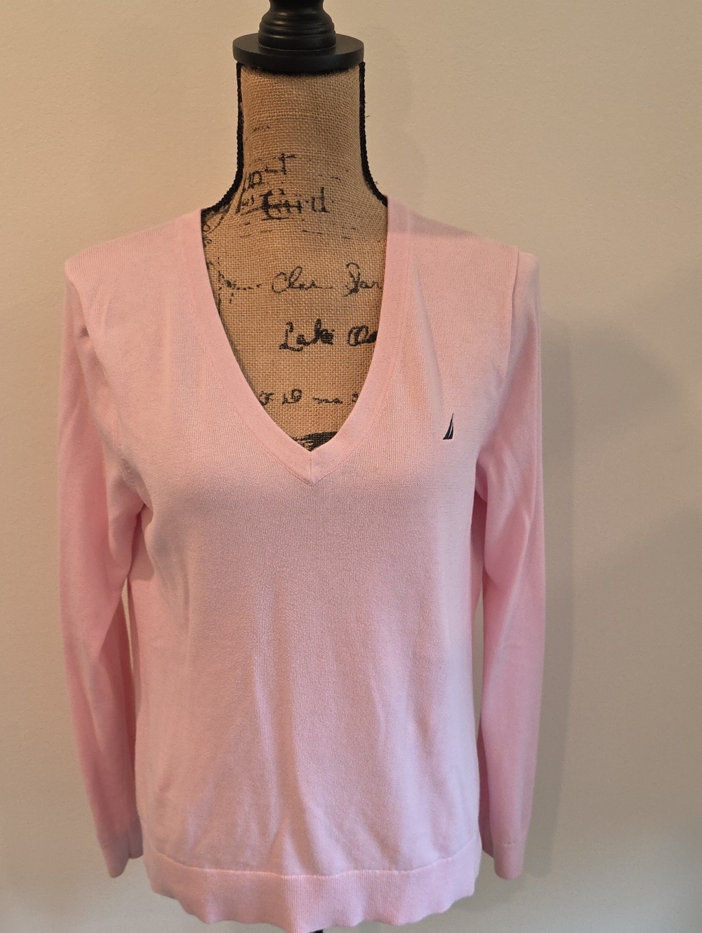 Nautica Women's V-Neck Sweater in Pale Pink with Sail Logo